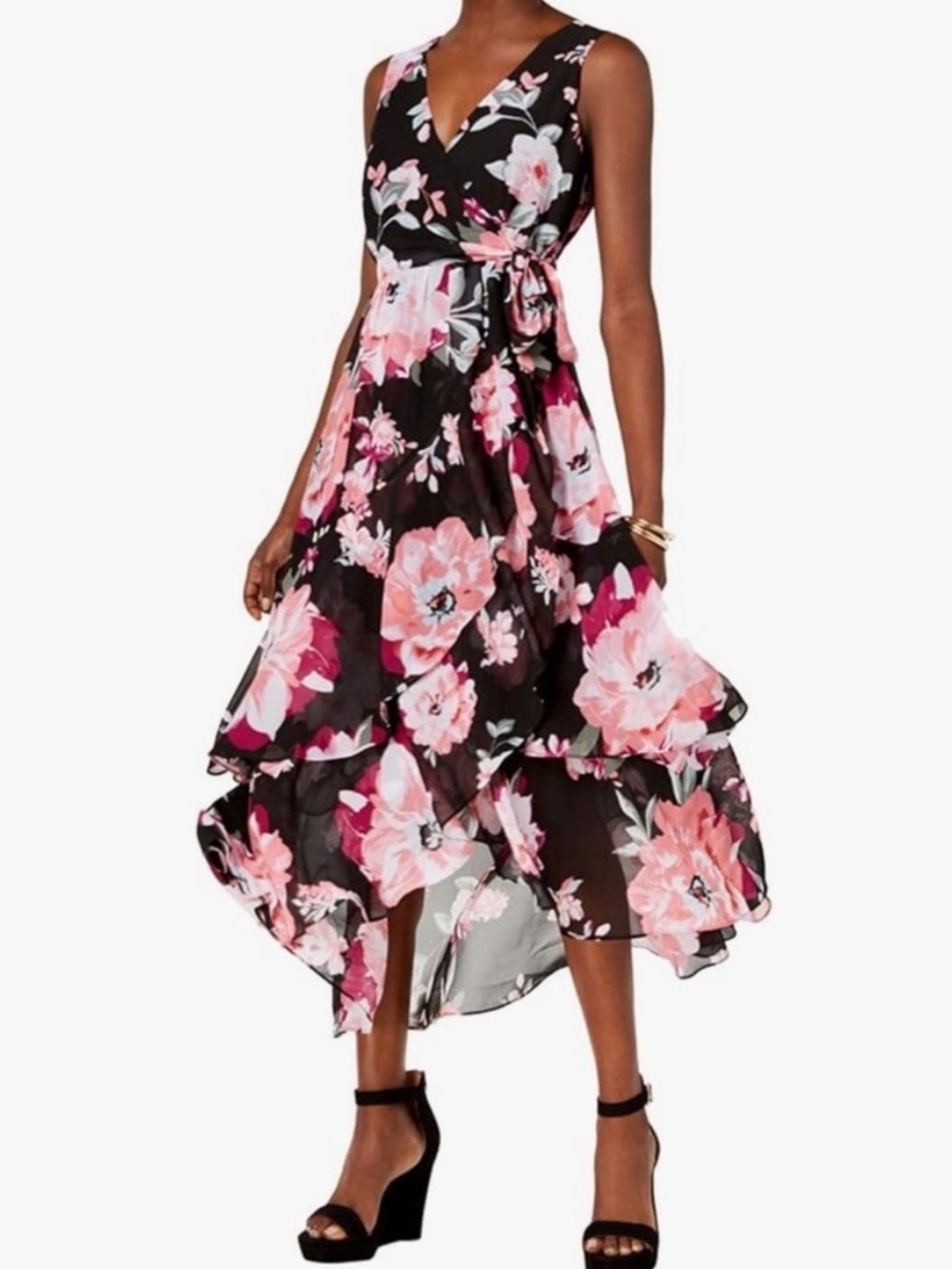 I.N.C. Women's Black Pink Floral Ruffled V-Neck Midi Maxi Cocktail Dress